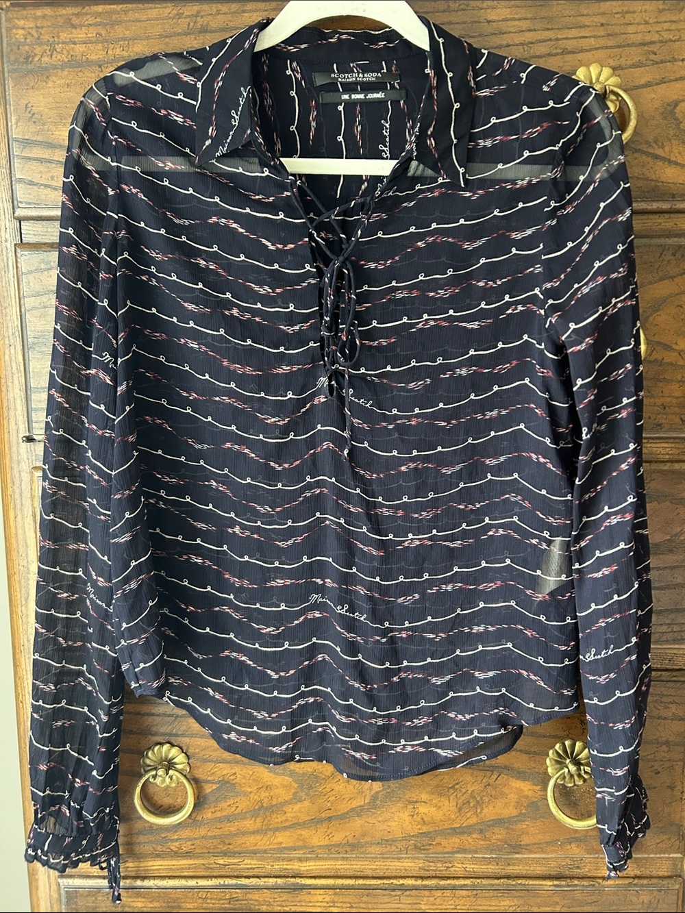 Scotch & Soda Navy Sheer Blouse with Red and White Wave Stripes, Size XS